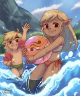 1boy 1girl artist:sunshine_memoir beach_ball link swimsuit tetra the_legend_of_zelda water wind_waker // 1724x2077 // 3.2MB