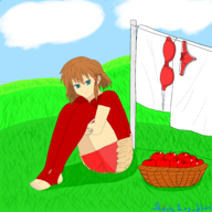 1girl apple artist:shock1ng_blue background blue_eyes bra brown_hair colored fire_emblem mist mist_(fire_emblem) panties sitting smile // 3000x3000 // 3.5MB