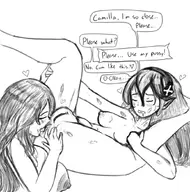 2girls artist:piopoi camilla corrin fire_emblem heart lipstick_mark monochrome nude pussy rimjob text // 1033x1044 // 396KB