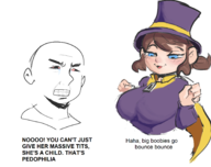 1boy 1girl a_hat_in_time artist:justdavefnd colored hat_kid huge_breasts meme oppai_loli parody text // 1800x1424 // 581KB