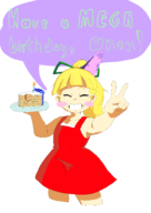 1girl artist:unknown birthday blonde_hair blush cake crumbs food happy mega_man_(series) peace_sign roll_caskett text // 2480x3508 // 351KB
