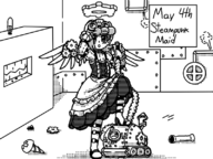 1girl artist:marielx garyc.me looking_at_viewer maid_dress maid_uniform monochrome robot robot_girl sketch steampunk text // 800x600 // 137KB