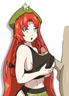 1boy 1girl artist:unknown blue_eyes clothed_paizuri hat hong_meiling midriff orange_hair paizuri penis touhou // 2480x1776 // 260KB