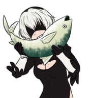 1girl bite blindfold colored eating fish grey_hair meme nier_automata parody sakurafish short_hair yorha_no._2_type_b // 932x999 // 588KB