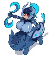 1girl artist:unknown bodysuit chibi dota_2 glaive helmet huge_breasts luna nova red_eyes riding shield // 437x500 // 149KB