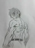 1boy 1girl artist:venom belt buff deltarune green_eyes kris looking_back monochrome muscles shirtless sketch susie tattoo traditional_medium // 1305x1763 // 396KB