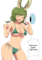 1girl animal_ears bikini colored edit etrian_odyssey etrian_odyssey_v eyes_closed green_hair jenetta text // 1239x1756 // 447KB