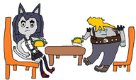 1boy 1girl animal_ears artist:unknown blonde_hair blue_eyes brown_eyes catgirl final_fantasy final_fantasy_vii fish_taco food sitting suspenders taco tail tifa_lockhart // 1295x759 // 68KB