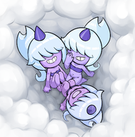 3girls artist:mariogrant bottomless cloud colored dazzi feet flat_chest horn legs loli looking_at_viewer palworld smug // 1579x1597 // 925KB