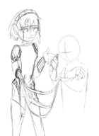 1boy 1girl aigis anon artist:piopoi monochrome no_background persona persona_3 repair sketch // 541x741 // 117KB
