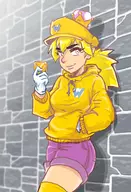1girl artist:bishopbb blonde_hair cell_phone colored crown genderbend gloves hat hoodie looking_at_viewer phone ponytail rule_63 shorts super_crown super_mario thigh_highs wario // 1094x1600 // 356KB