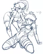 2girls bent_over crown earrings elbow_gloves gloves hat lipstick looking_at_viewer naked_ribbon peach princess_daisy princess_peach ribbon santa_hat santa_outfit sketch super_mario thigh_highs wip // 1200x1500 // 668KB