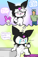 1boy 2girls 2koma artist:halfdime bush clapping colored comic dialogue fluffy_crotch fur hair hairstyle kuromi not_vidya onegai_my_melody praising sketch tdm text // 2000x3000 // 1.9MB