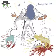 artist:tifa_poster azrael blake_belladonna blazblue blazblue_calamity_trigger blazblue_cross_tag_battle blood colored crossover edit fellatio grave hazama music_note parody rwby text weiss weiss_schnee yang_xiao_long // 2048x2048 // 639KB