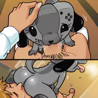 1boy 1girl animal artist:bishopbb ass bestiality blonde_hair blowjob comic dog eyes_closed facesitting fang fellatio nintendo nintendo_switch oc pov switch-tan switch_dog tongue // 1600x1600 // 367KB