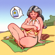 1girl artist:unknown beach bikini bush chubby drasna fat grey_hair mature_female necklace nipples pokemon tanlines // 1000x1000 // 1.7MB