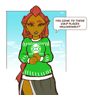 1girl artist:pm_draws breath_of_the_wild colored dark_skin gerudo riju sweater the_legend_of_zelda // 2043x2100 // 968KB