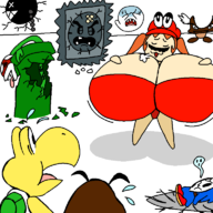 1girl artist:bonitanon bonita_zako boo cappy chain_chomp goomba huge_breasts koopa paragoomba piranha_plant shy_guy stretch_panic super_mario super_mario_odyssey thwomp // 768x768 // 64KB