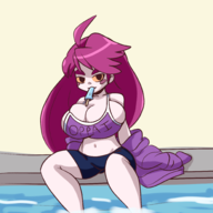 1girl ahoge alternate_breast_size artist:iggy_bomb badeline black_eyes celeste coat colored huge_breasts long_hair pool popsicle purple_hair sitting spats text water // 2000x2000 // 683KB