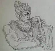 akuma artist:gelfox instrument saxophone street_fighter traditional_medium // 1200x1100 // 115KB