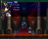 2girls aradia background black_hair bloodstained bloodstained_ritual_of_the_night boots candles castlevania castlevania_symphony_of_the_night dialogue edit miriam night_of_revenge sitting text // 512x416 // 41KB
