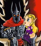 1boy 1girl animated armor artist:gusgux blonde_hair blue_eyes braid glowing_eyes leotard overlord_(series) princess_zelda sitting sitting_on_lap the_legend_of_zelda the_overlord throne // 1517x1690 // 1.4MB