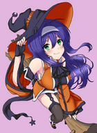 1girl armpit broom colored fingerless_gloves fire_emblem fire_emblem_heroes fire_emblem_path_of_radiance fire_emblem_radiant_dawn green_eyes looking_at_viewer mia purple_hair smile star witch // 748x1024 // 644KB
