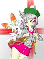 1girl animal_ears artist:zidrio colored cosplay crossover gloria grey_hair hair_ornament hat nia pokemon pokemon_swsh scorbunny short_hair xenoblade xenoblade_chronicles_2 yellow_eyes // 768x1024 // 439KB