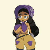 1girl alternate_breast_size areola_slip artist:iggy_bomb black_hair colored dark_skin grey_eyes hapu huge_breasts pokemon pokemon_sm sweat topless // 2000x2000 // 444KB