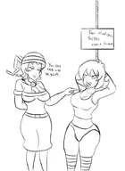 2girls angry armpit bandana belt crossover earrings midriff mighty_switch_force panties patricia_wagon risky_boots rope santa_outfit shantae_(series) short_hair sign sketch text thigh_highs tied tongue wayforward // 894x1226 // 195KB