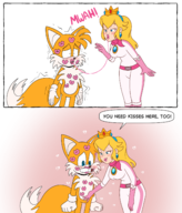 1boy 1girl 2koma alternate_costume artist:unknown colored comic hand_on_crotch imminent_sex innuendo kiss lipstick lipstick_mark miles_tails_prower nintendo princess_peach racing_suit sega sonic_(series) super_mario text worried // 2000x2339 // 1.1MB