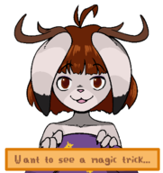 1girl antlers artist:unknown brown_eyes brown_hair bunny bunny_girl dialogue furry mod morgan_(stardew_valley) stardew_valley text witch witch_hat // 586x620 // 37KB