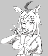 1girl artist:unknown breasts carrot food greyscale hand_gesture huge_breasts innuendo looking_at_viewer monochrome oguri_cap seducing seductive seductive_eyes sketch uma_musume_pretty_derby vegetable // 866x1000 // 386KB