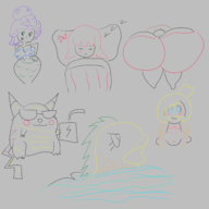 4girls artist:shock1ng_blue bonita_zako cala_maria coraline cuphead_(series) huge_breasts kirby_(series) kirby_64_the_crystal_shards pikachu pokemon ribbon_(kirby) Sandran sleeping streetpass_mii_plaza stretch_panic sunglasses ultimate_angler // 5000x5000 // 1.9MB
