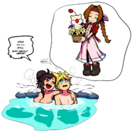1boy 2girls aerith_gainsborough artist:unknown blonde_hair blue_eyes brown_hair final_fantasy flower hot_spring moogle pool red_eyes spa tan text thought_bubble tifa_lockhart // 2142x2160 // 649KB