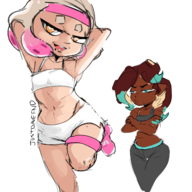 2girls abs armpit artist:justdavefnd black colored crossed_arms dark_skin exercise green_eyes gym_clothes jealous marina midriff orange_eyes pearl shorts splatoon_2 // 1600x1600 // 928KB