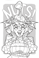 1girl artist:sumtrsh breast_squish breasts huge_breasts looking_up marvel_rivals nuts open_mouth squirrel_girl suggestive surprised text // 632x948 // 255KB