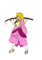 1girl artist:unknown bandage blonde_hair blue_eyes crown eye_patch necklace princess_peach samurai scar solo sword tattoos // 1476x2085 // 507KB