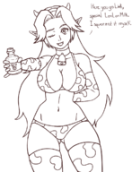 1girl artist:sufan bikini cow_print horns huge_breasts lineart lon_lon_milk malon milk ocarina_of_time text the_legend_of_zelda // 886x1156 // 276KB