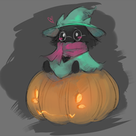 1boy artist:nat_the_lich colored deltarune fang glasses hat heart jack-o'-lantern pumpkin ralsei scarf sitting // 600x600 // 212KB