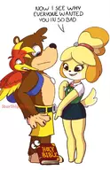 1boy 2girls angry animal_crossing artist:starshippizza banjo banjo-kazooie bible blush book colored edit eyes isabelle kazooie parody pointing text // 800x1236 // 96KB