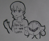 crossover kirby_(series) meta_knight monochrome nichijou text yuuko_aoi // 657x552 // 428KB
