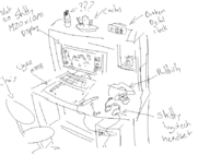 1girl aigis artist:speakyfag cactus chair clock computer controller desk headphones keyboard monitor mspaint pen persona persona_(series) persona_3 short_hair smile tablet text // 832x615 // 29KB