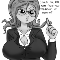 1girl artist:skiffle_bop awesomenauts coco_nebulon huge_breasts office_attire text // 1200x1200 // 474KB