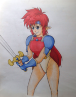 1girl artist:shamiranon blue_eyes leotard mail popful_mail red_hair sword traditional_medium // 1322x1694 // 3.1MB
