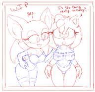 2girls amy_rose artist:r0cketjumper breasts furry rouge_the_bat shirt sonic_(series) text thong wip // 1254x1215 // 644KB