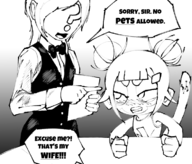 2girls angry anon artist:unknown bloons bloons_td_6 blush date femanon meme monkey monkey_girl monochrome parody restaurant Rosalia rule_63 sitting sketch text waitress wife // 747x639 // 252KB