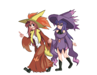 2019_halloween_collab 2girls artist:tsuchihara brown_eyes cierra collab colored costume delphox dept._heaven halloween_collab hand_holding hat long_hair mismagius pokemon purple_eyes purple_hair red_hair riviera_the_promised_land soala // 1650x1275 // 469KB