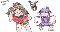 2girls artist:diskette black_eyes bow brown_hair colored idolm@ster idolm@ster_cinderella_girls kirby_(series) marx may pokemon pokemon_oras purple_eyes purple_hair sachiko_koshimizu short_hair // 1239x672 // 703KB