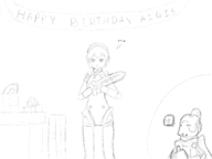 1girl aigis artist:bad-draw birthday crossover happy_birthday persona persona_(series) persona_3 present robot robot_girl shin_megami_tensei short_hair spiral_knights spiral_warden text thumbs_up // 1600x1200 // 416KB